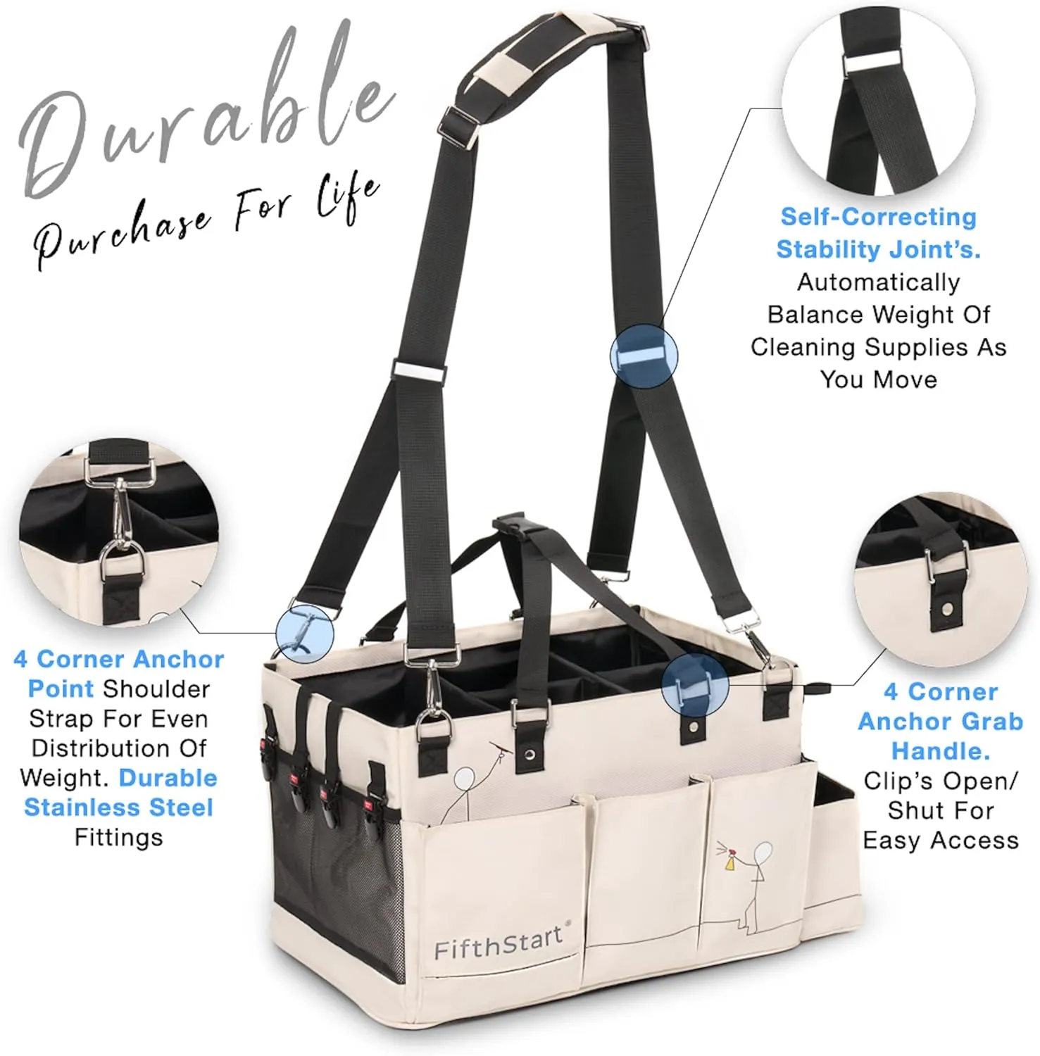 FifthStart Multiuse Cleaning Caddy with Waist & Shoulder Strap,9 Pockets Easily Cleaned Beach Bag, Mesh Base & Adjustable Compartments - Beige Large - Caddy Organizer with Handle, Cleaning Caddy Bag