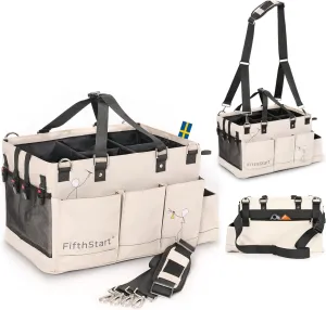 FifthStart Multiuse Cleaning Caddy with Waist & Shoulder Strap,9 Pockets Easily Cleaned Beach Bag, Mesh Base & Adjustable Compartments - Beige Large - Caddy Organizer with Handle, Cleaning Caddy Bag