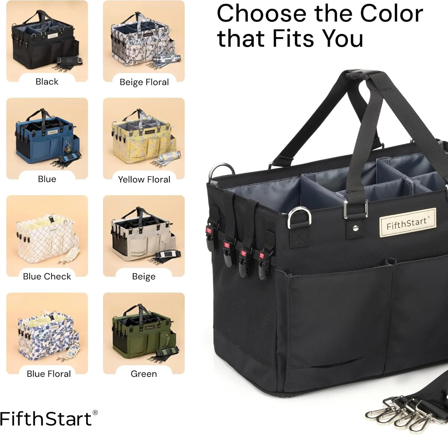 FifthStart Multiuse Cleaning Caddy w/Waist & Shoulder Strap - 9 Pockets Tote Bag for Housekeeping Gardening Fishing Bathroom Organizer Adjustable Compartments, Black Large Caddy Organizer with Handle