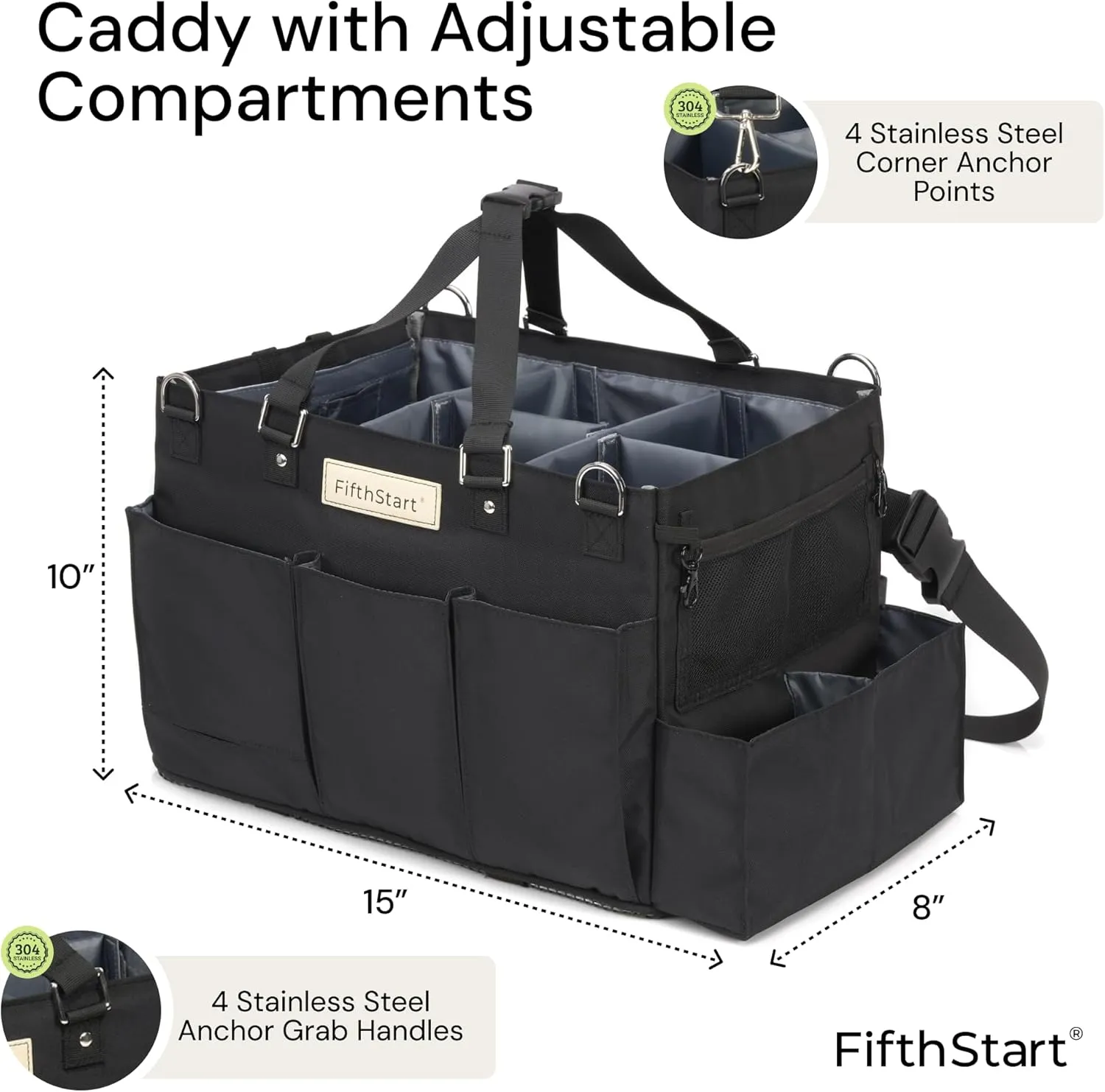 FifthStart Multiuse Cleaning Caddy w/Waist & Shoulder Strap - 9 Pockets Tote Bag for Housekeeping Gardening Fishing Bathroom Organizer Adjustable Compartments, Black Large Caddy Organizer with Handle