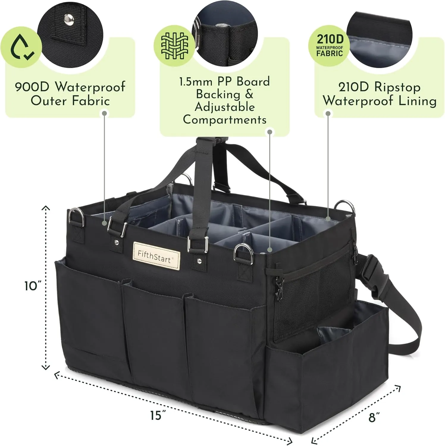 FifthStart Multiuse Cleaning Caddy w/Waist & Shoulder Strap - 9 Pockets Tote Bag for Housekeeping Gardening Fishing Bathroom Organizer Adjustable Compartments, Black Large Caddy Organizer with Handle