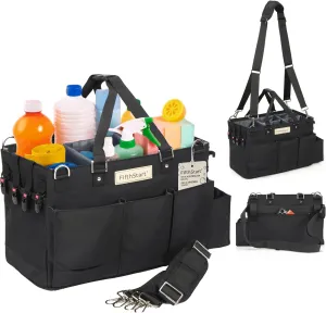 FifthStart Multiuse Cleaning Caddy w/Waist & Shoulder Strap - 9 Pockets Tote Bag for Housekeeping Gardening Fishing Bathroom Organizer Adjustable Compartments, Black Large Caddy Organizer with Handle