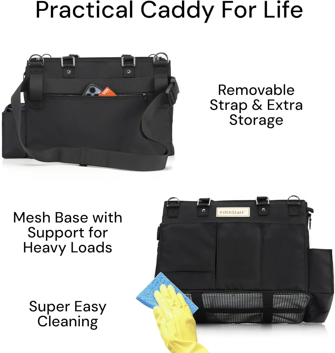 FifthStart Multiuse Cleaning Caddy w/Waist & Shoulder Strap - 9 Pockets Tote Bag for Housekeeping Gardening Fishing Bathroom Organizer Adjustable Compartments, Black Large Caddy Organizer with Handle