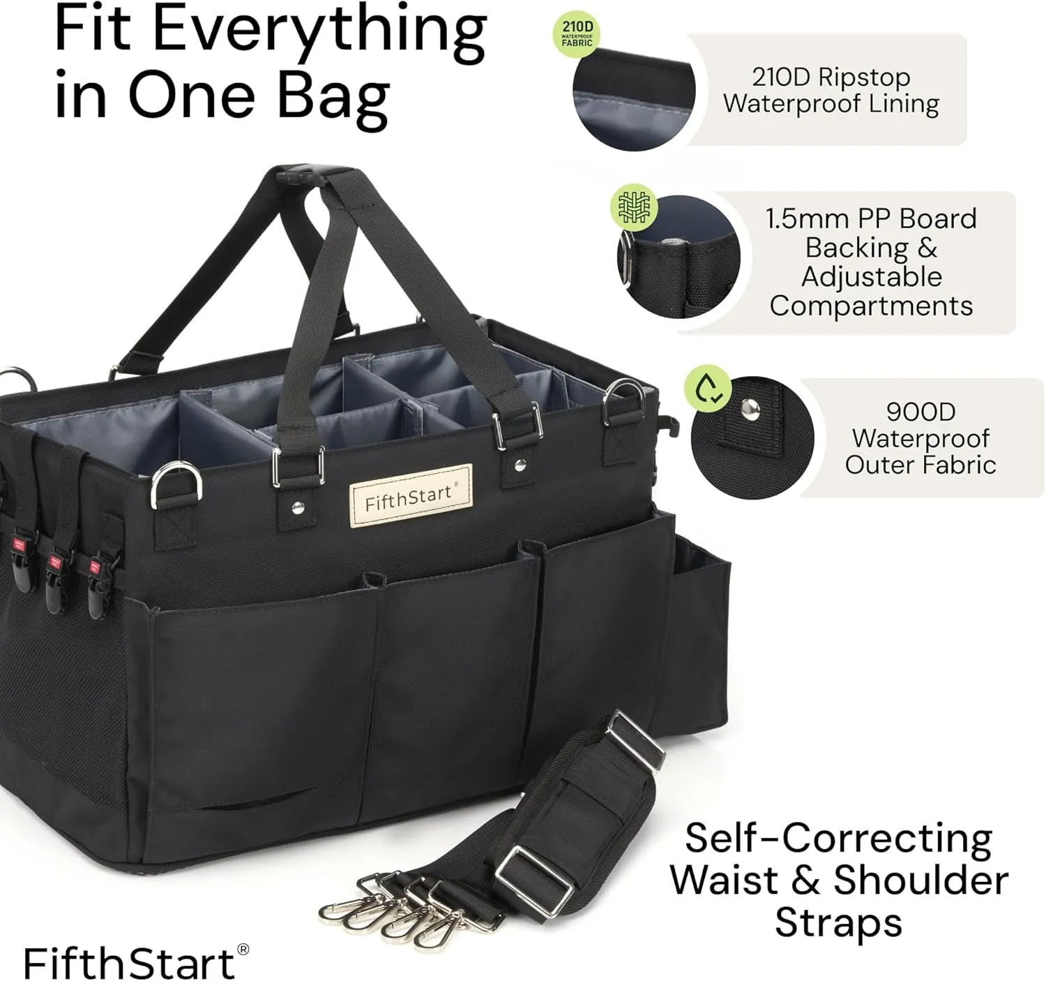 FifthStart Multiuse Cleaning Caddy w/Waist & Shoulder Strap - 9 Pockets Tote Bag for Housekeeping Gardening Fishing Bathroom Organizer Adjustable Compartments, Black Large Caddy Organizer with Handle