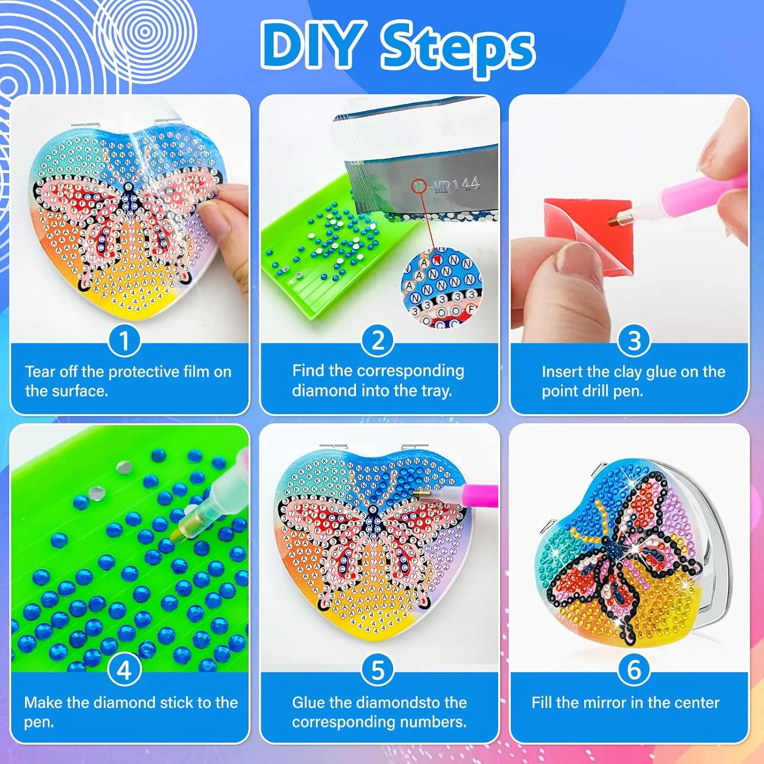 FILASLFT Diamond Painting Mirror,4 Pcs Diamond Art Mirror,Butterfly Diamond Painting Compact Mirror,Portable Magnifying Folding Purse Mirror,Diamond Art Gifts, MR144