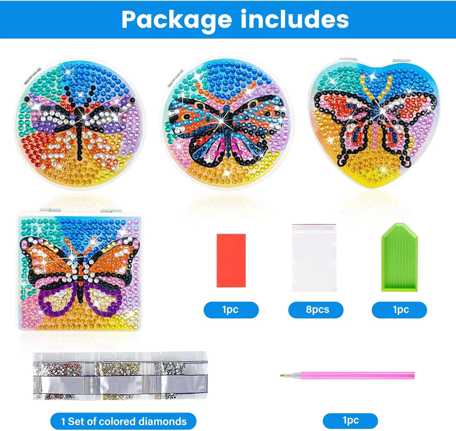 FILASLFT Diamond Painting Mirror,4 Pcs Diamond Art Mirror,Butterfly Diamond Painting Compact Mirror,Portable Magnifying Folding Purse Mirror,Diamond Art Gifts, MR144