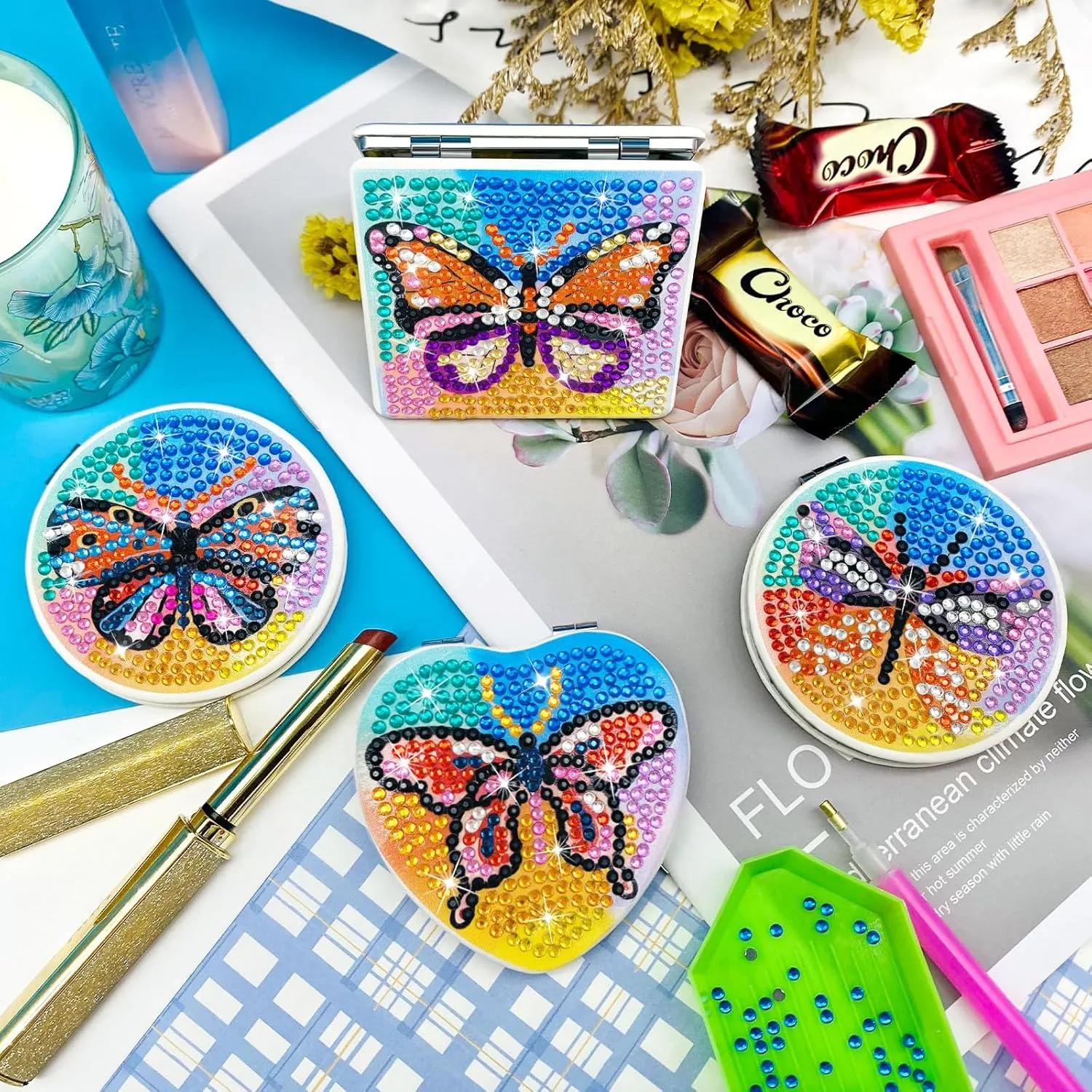 FILASLFT Diamond Painting Mirror,4 Pcs Diamond Art Mirror,Butterfly Diamond Painting Compact Mirror,Portable Magnifying Folding Purse Mirror,Diamond Art Gifts, MR144