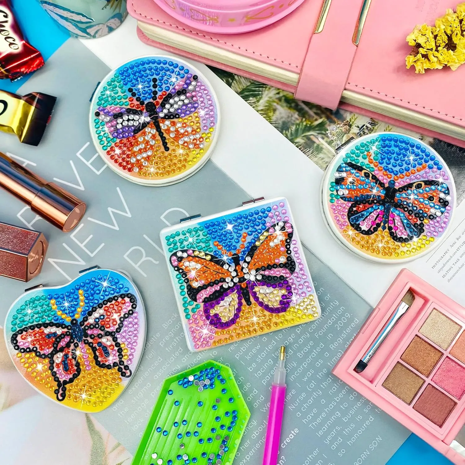 FILASLFT Diamond Painting Mirror,4 Pcs Diamond Art Mirror,Butterfly Diamond Painting Compact Mirror,Portable Magnifying Folding Purse Mirror,Diamond Art Gifts, MR144