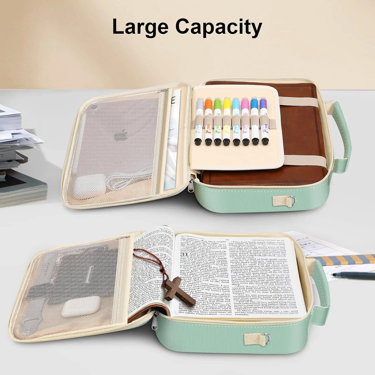 FINPAC Large Bible Cover w/Shoulder Strap, Carrying Book Case Church Bag Bible Protective w/Pen Slots and Zippered Pocket, Gift for Women Lady, Light Green