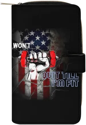 Fitness Gym USA Flag Inspirational Leather Wallets,Long Wallet Purse,Slim Thin Leather Bifold Card Holder Wallet,Adjustable Buckle,Multi Cards Case,Large Capacity