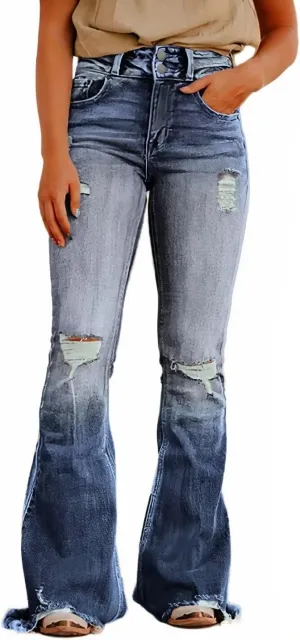 Flamingals Flare Bell Bottom Jeans for Women Raw Hem High Waist