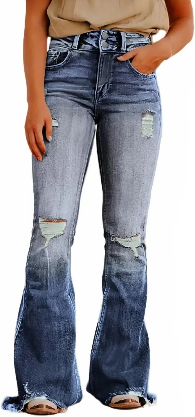 Flamingals Flare Bell Bottom Jeans for Women Raw Hem High Waist