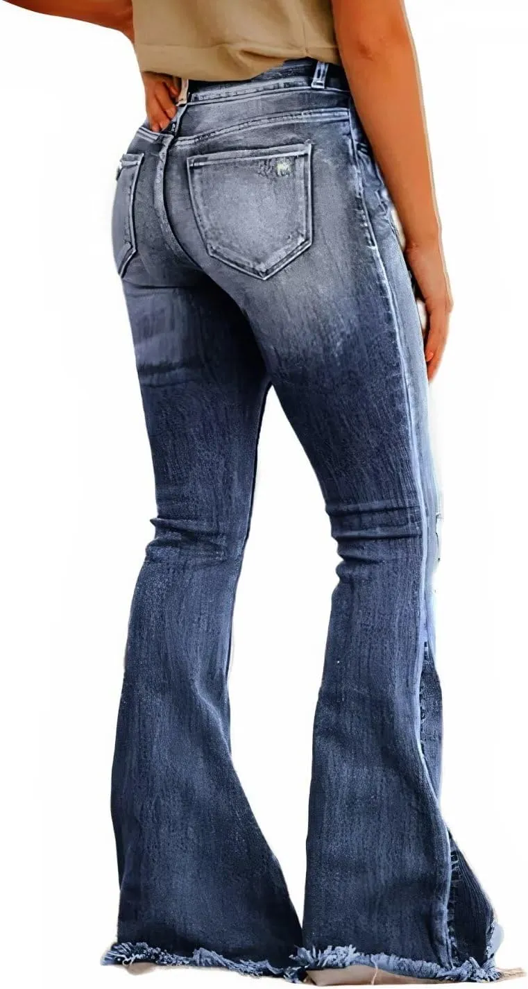 Flamingals Flare Bell Bottom Jeans for Women Raw Hem High Waist