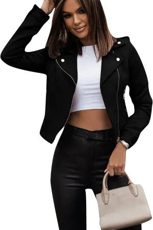 FLITAY Womens Oversized Lapel Jackets Faux Suede Fashion Jackets Motorcycle Winter Solid Color Coats