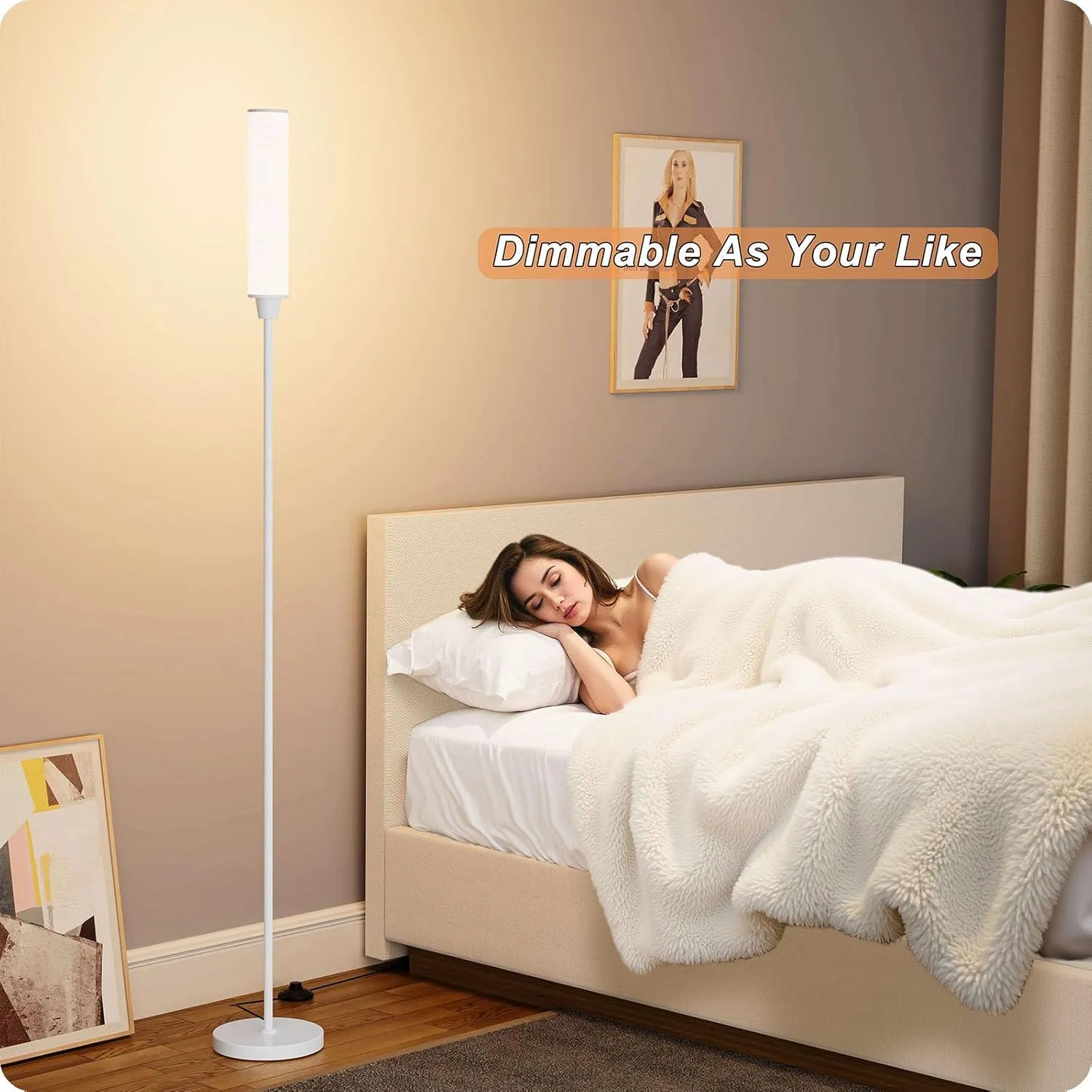 Floor Lamp with Remote Control, Floor Lamps for Living Room/Bedroom/Office, Stepless Adjustable 3000K-6000K Colors and 10-100% Brightness,Standing Light with Foot Switch (White Beige Linen)