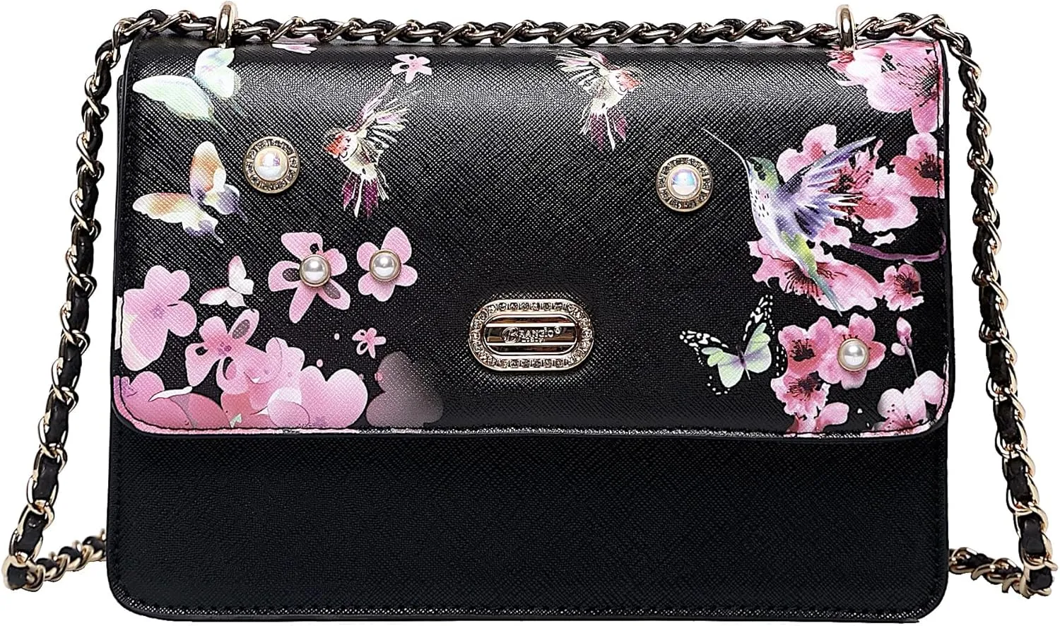 Floral Harmony Chain Shoulder Bag - Embellished with Pearls and Crystals, Leather Clutch with Pink Floral and Hummingbird