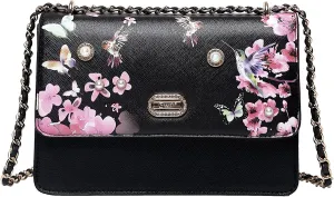 Floral Harmony Chain Shoulder Bag - Embellished with Pearls and Crystals, Leather Clutch with Pink Floral and Hummingbird