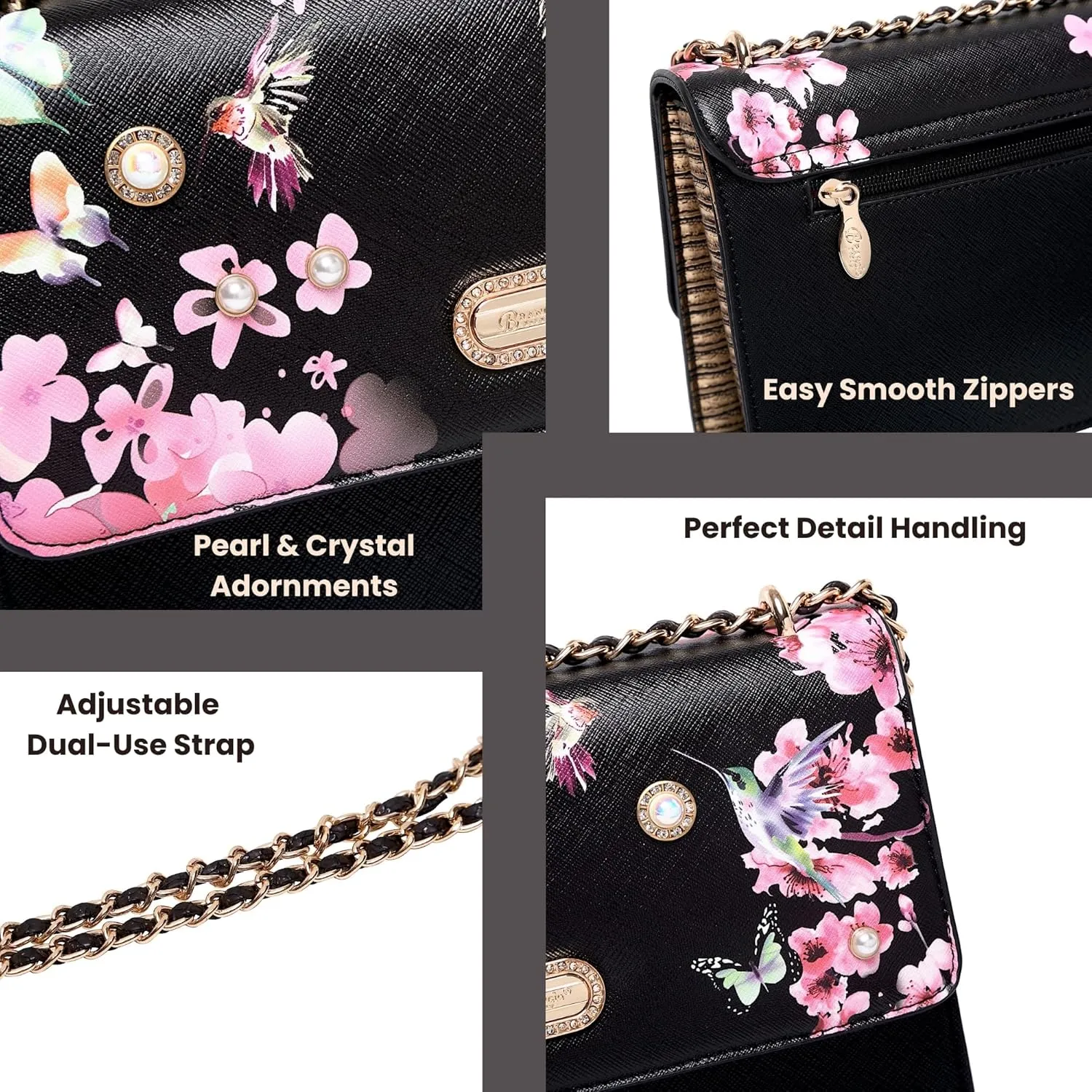 Floral Harmony Chain Shoulder Bag - Embellished with Pearls and Crystals, Leather Clutch with Pink Floral and Hummingbird