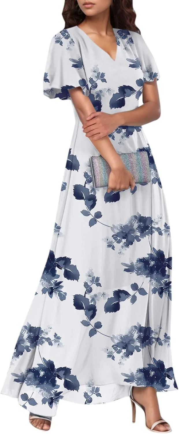 Floral Summer Maxi Dresses for Women Elegant Ruffle Sleeve Garden Party Dress Tulle Chiffon Wedding Guest Dresses