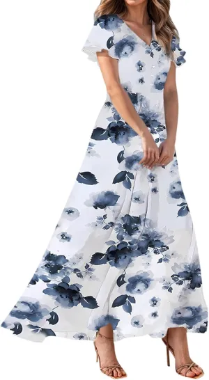 Floral Summer Maxi Dresses for Women Elegant Ruffle Sleeve Garden Party Dress Tulle Chiffon Wedding Guest Dresses