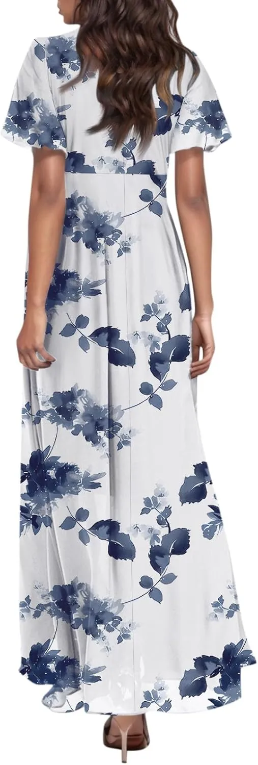 Floral Summer Maxi Dresses for Women Elegant Ruffle Sleeve Garden Party Dress Tulle Chiffon Wedding Guest Dresses