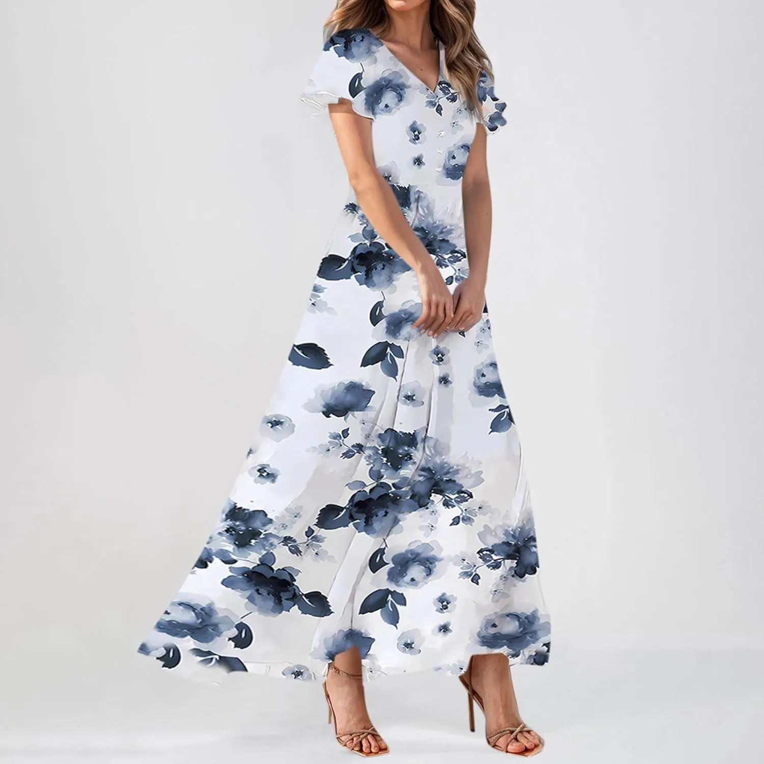 Floral Summer Maxi Dresses for Women Elegant Ruffle Sleeve Garden Party Dress Tulle Chiffon Wedding Guest Dresses