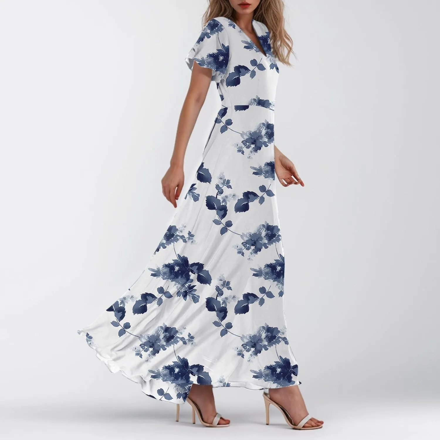 Floral Summer Maxi Dresses for Women Elegant Ruffle Sleeve Garden Party Dress Tulle Chiffon Wedding Guest Dresses