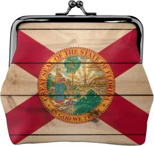 Florida flag wood grain print Coin Purse with Kiss Lock Buckle Small Change Purse Card Holder Coin Pouch for Women