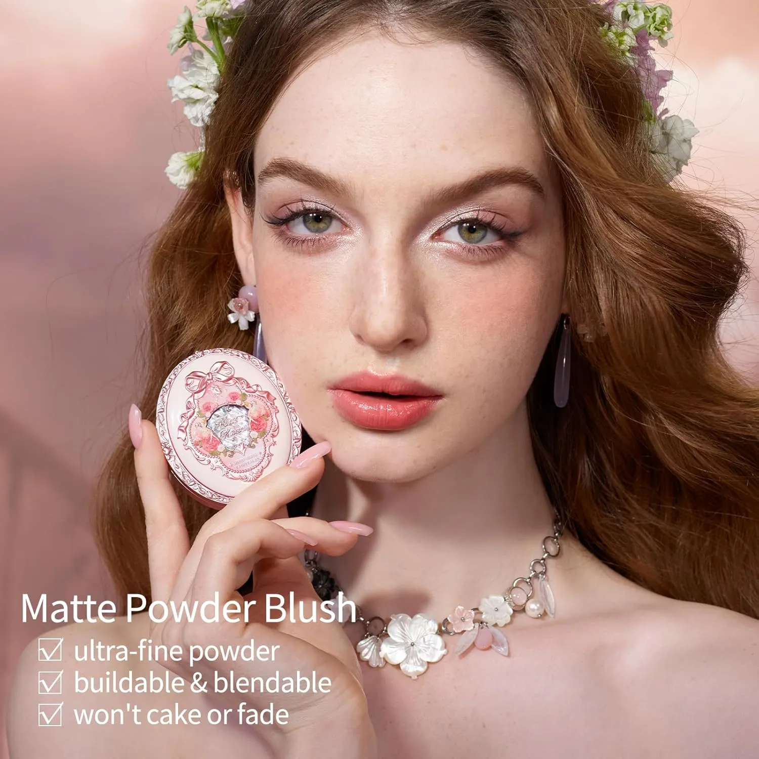 Flower Knows Midsummer Fairytales Velvet Embossed Blush,Fushia Matte Finish,Buildable & Blendable Powder Blush for cheeks,Highly Pigmented,Natural Flush for All Skin Tones(01 Blooming Days,5g)