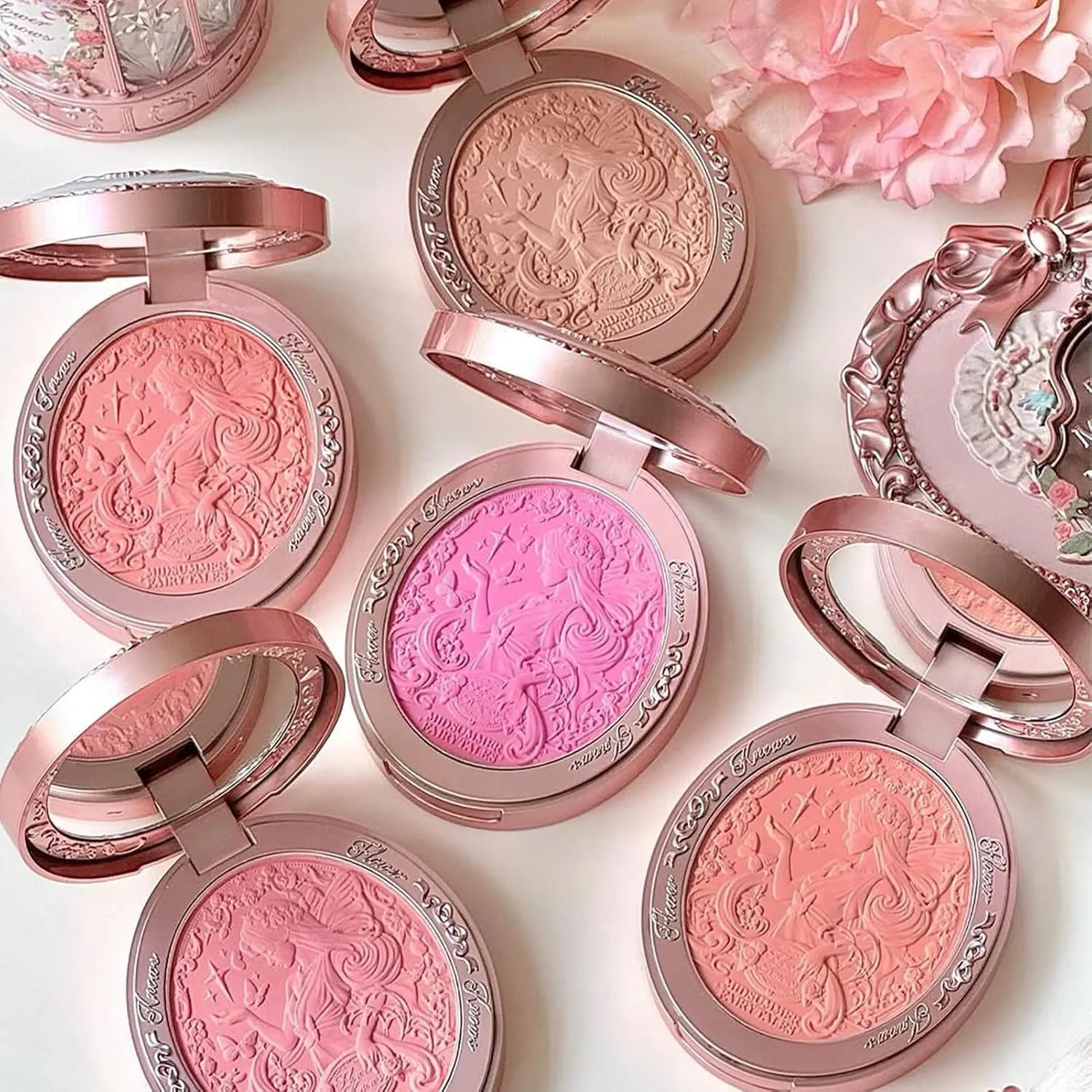 Flower Knows Midsummer Fairytales Velvet Embossed Blush,Fushia Matte Finish,Buildable & Blendable Powder Blush for cheeks,Highly Pigmented,Natural Flush for All Skin Tones(01 Blooming Days,5g)