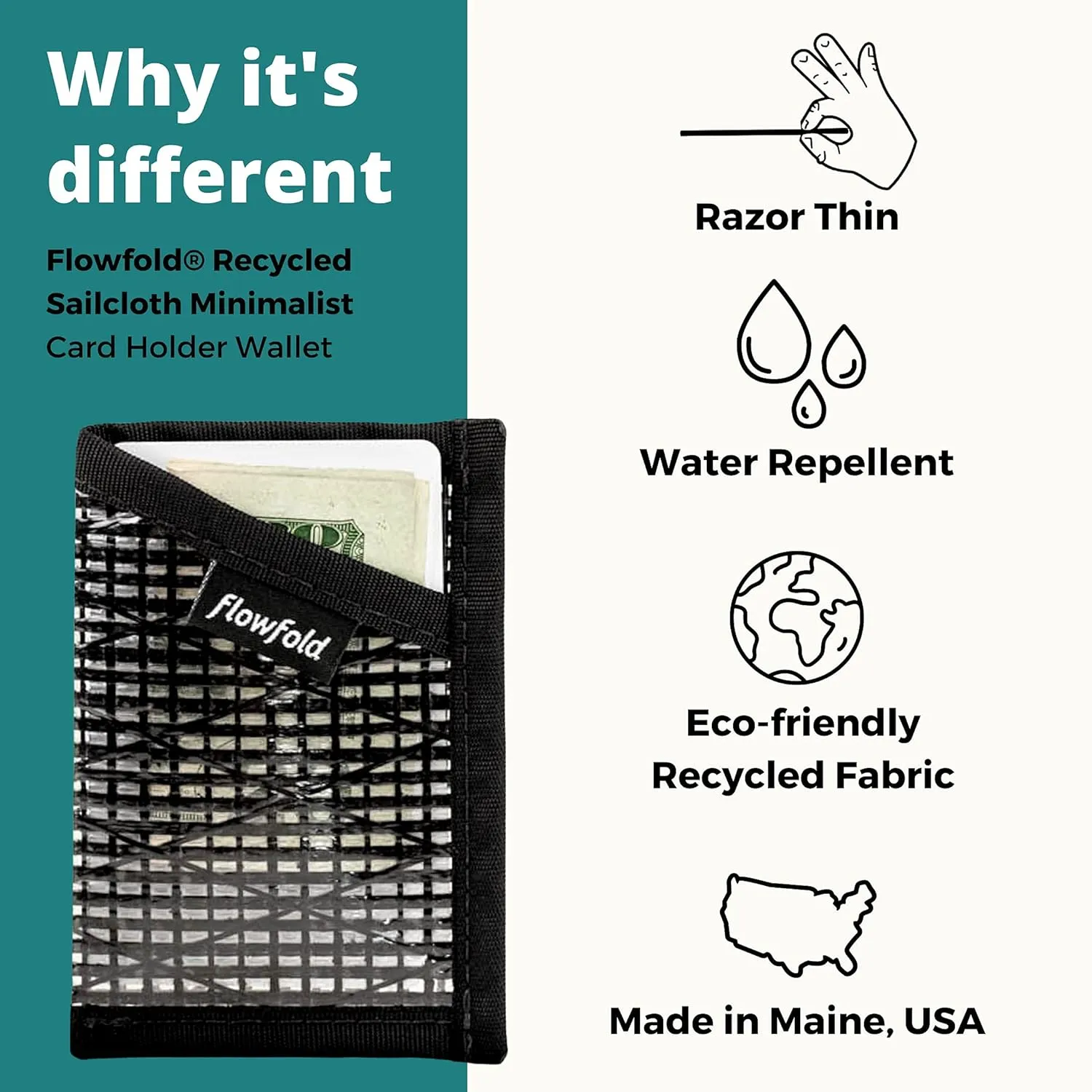 Flowfold Recycled Sailcloth Minimalist Card Holder Durable Slim Wallet Front Pocket Wallet, Card Holder Wallet Made in USA