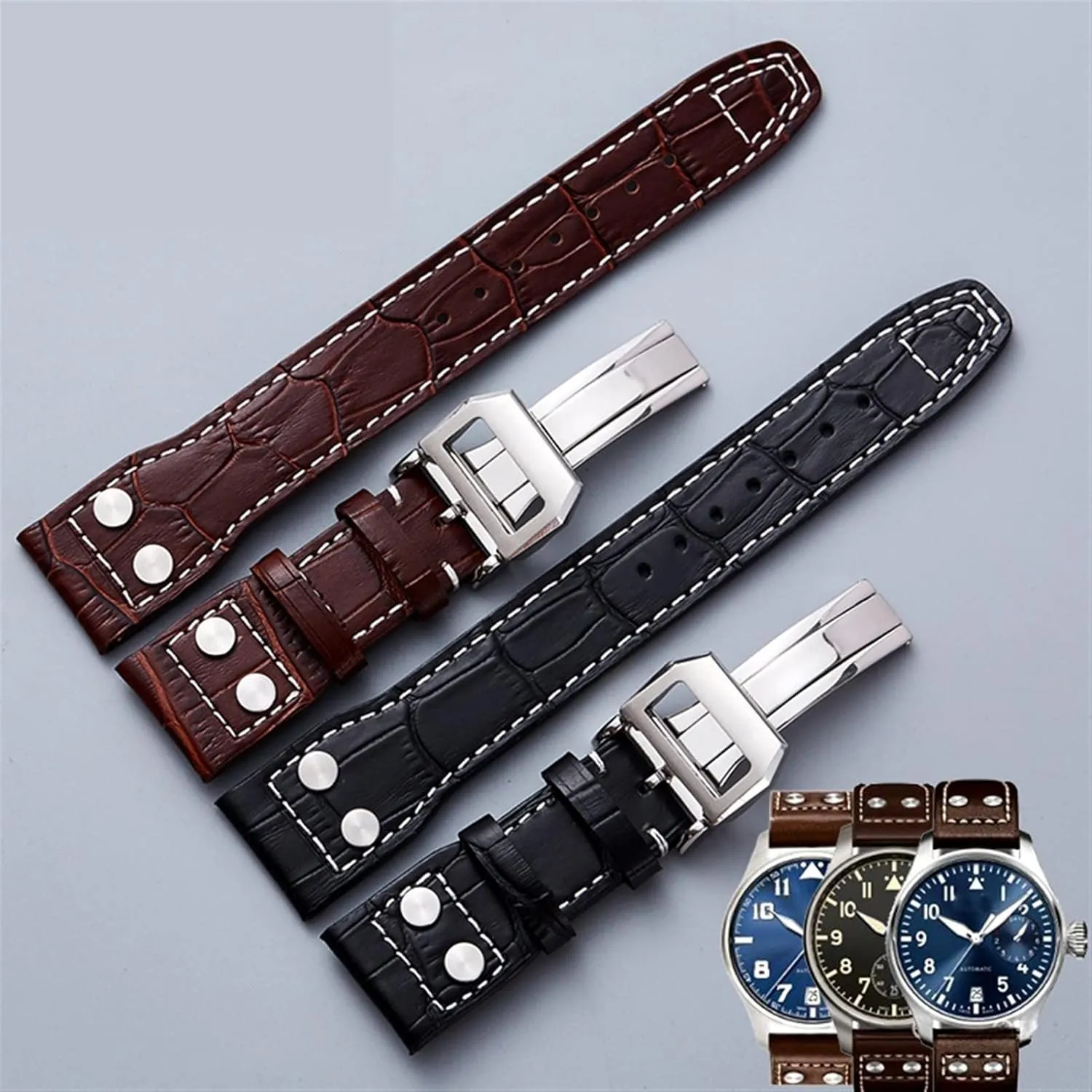 For IWC Pilot Mark series Watch band genuine leather strap accessories male rivet cow leather wristband 22mm Watchbands