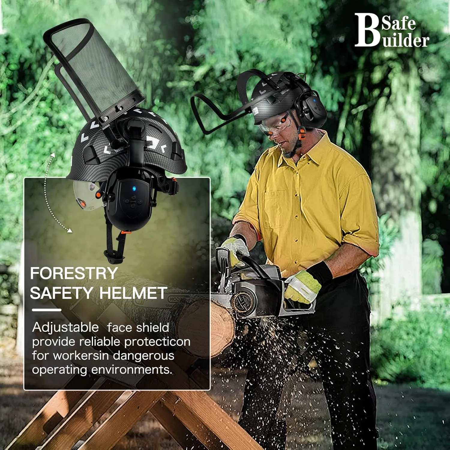 Forestry Chainsaw Tree Work Safety Helmet Vented Hard Hats w/Visor Bluetooth Ear Muffs Face Shield Outdoor Hardhats OSHA ANSI Z89.1