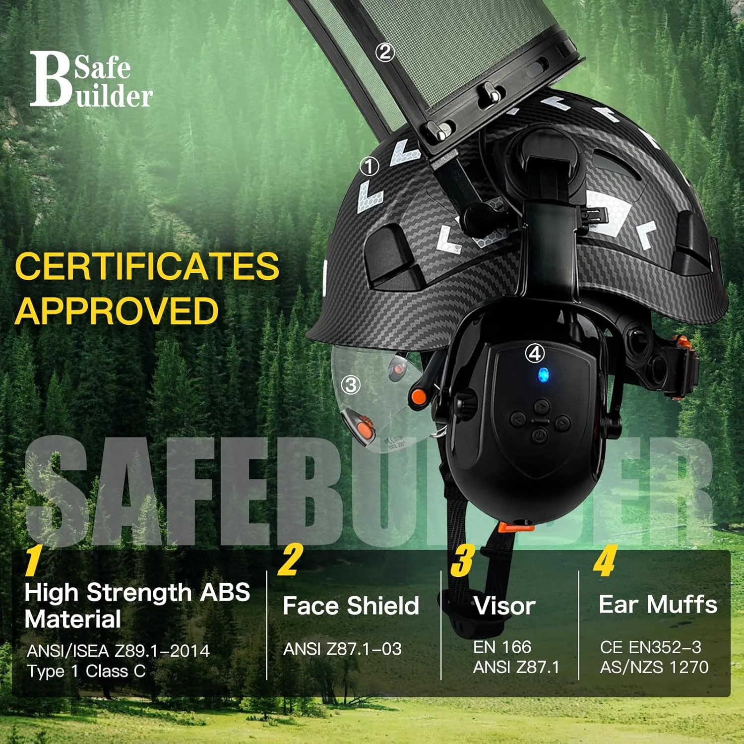 Forestry Chainsaw Tree Work Safety Helmet Vented Hard Hats w/Visor Bluetooth Ear Muffs Face Shield Outdoor Hardhats OSHA ANSI Z89.1