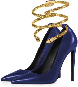 FSJ Women's Sexy High Heels Pointed Toe Stilletos Pumps with Gold Metal Snake Spiral Around The Ankle Heeled Dress Party Pumps Shoes Size 4-15 US