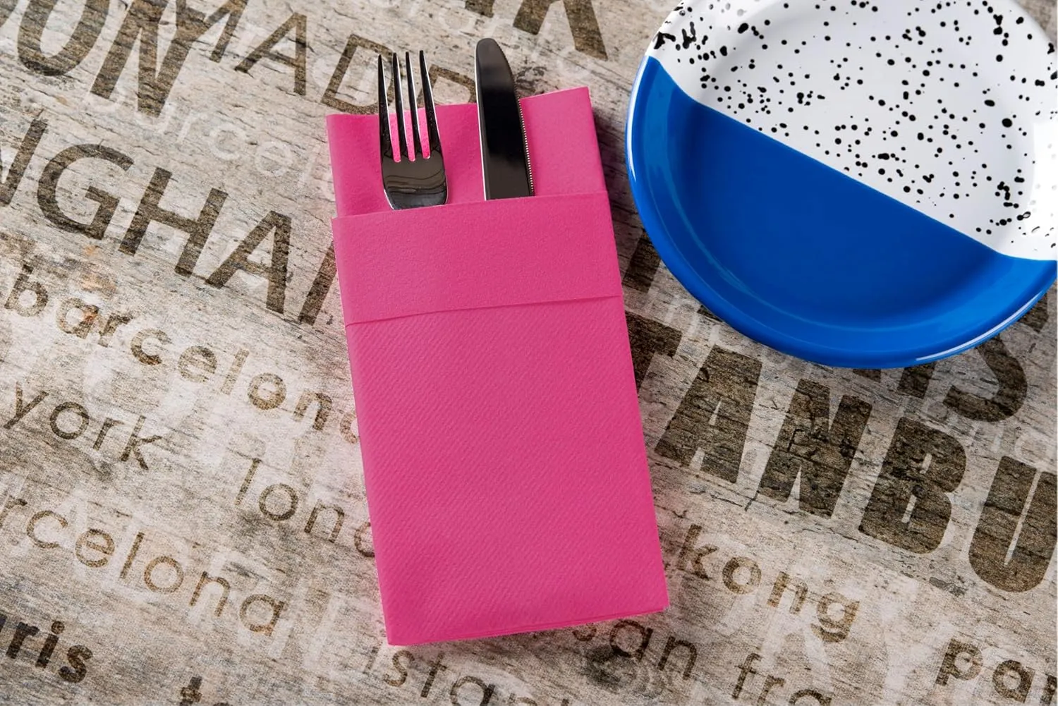 Fuchsia Dinner Napkins Cloth Like with Built-in Flatware Pocket, Linen-Feel Absorbent Disposable Paper Hand Napkins for Kitchen, Bathroom, Parties, Weddings, Dinners or Events, 1/8 Fold, Pack of 50
