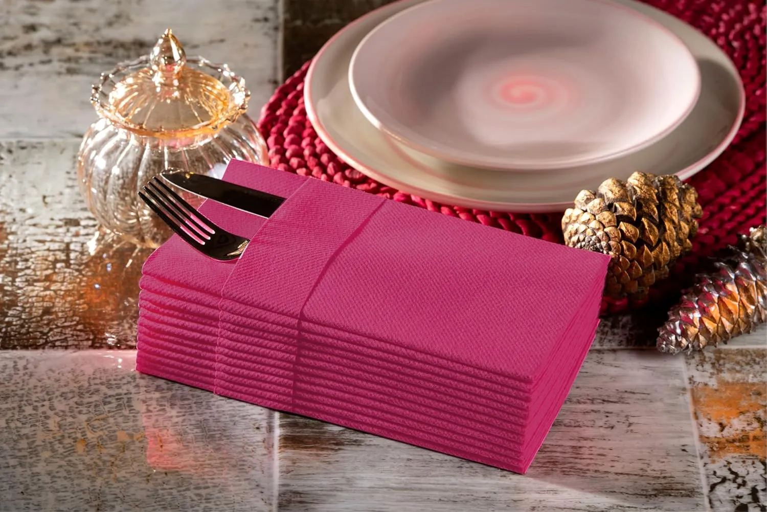 Fuchsia Dinner Napkins Cloth Like with Built-in Flatware Pocket, Linen-Feel Absorbent Disposable Paper Hand Napkins for Kitchen, Bathroom, Parties, Weddings, Dinners or Events, 1/8 Fold, Pack of 50