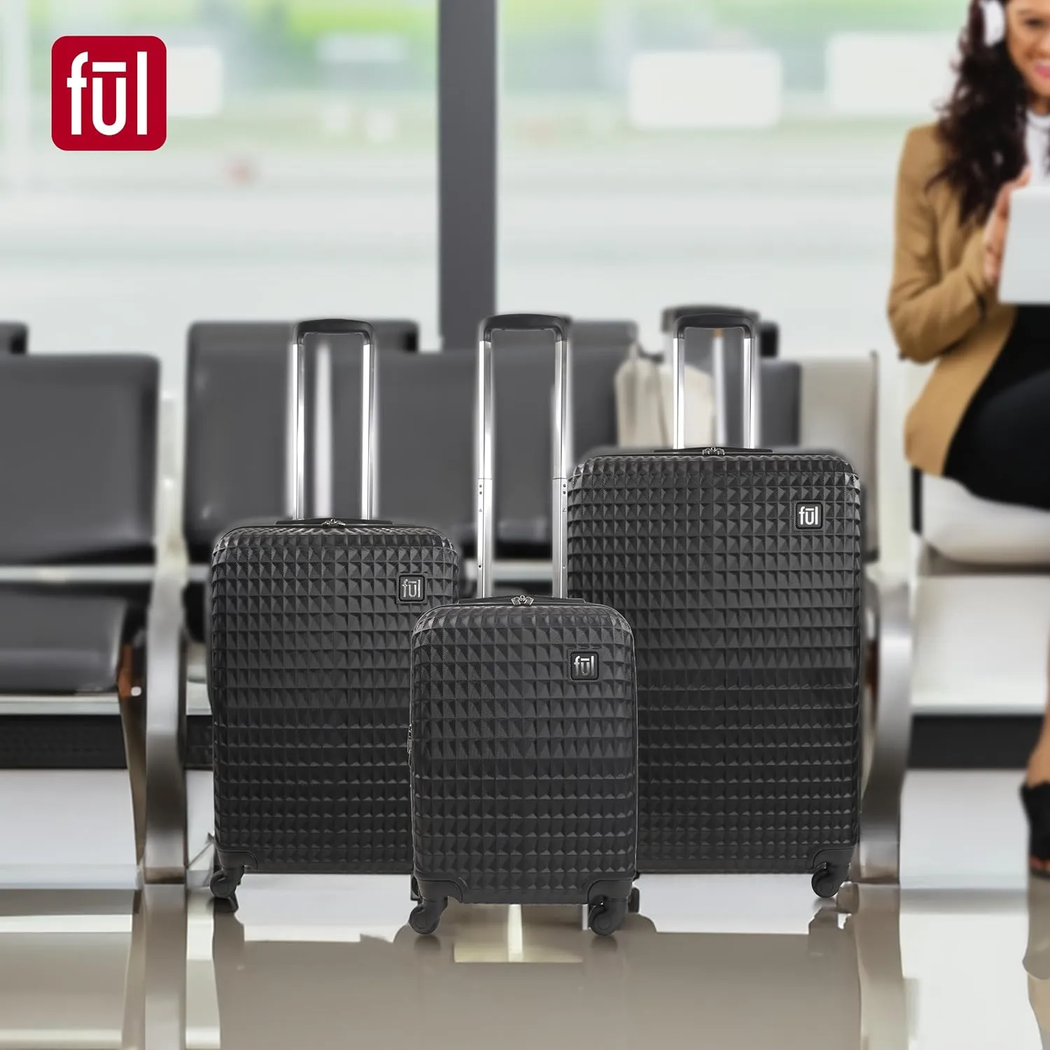 FUL Geo Rolling Luggage, Hardshell Suitcase with Wheels, Black, 26 Inch