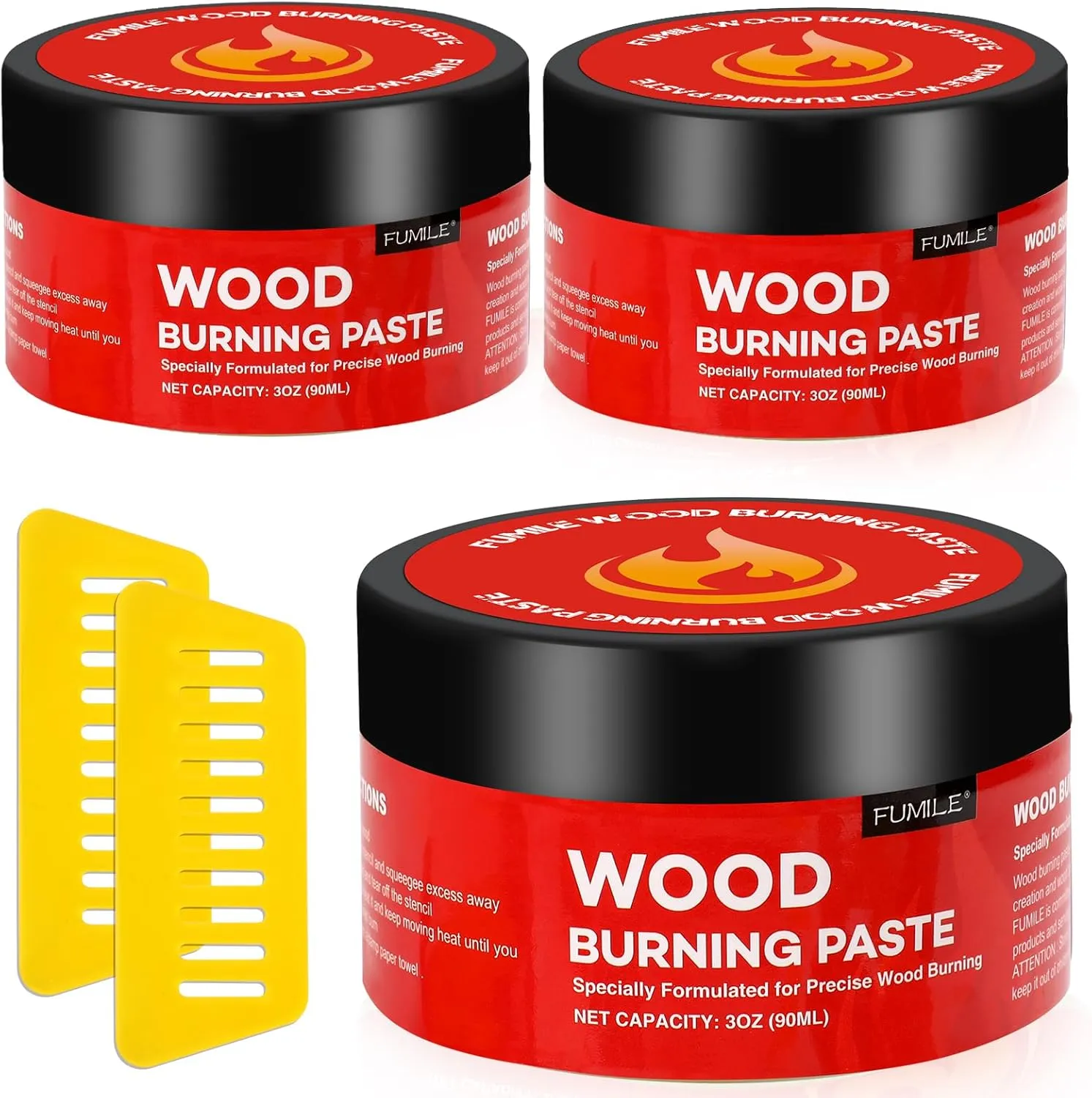 FUMILE 9.2OZ Wood Burning Paste -3 Bottles with 2 squeegees! Wood Burning Paste for Wood, Canvas, Denim Fabric, Leather & More