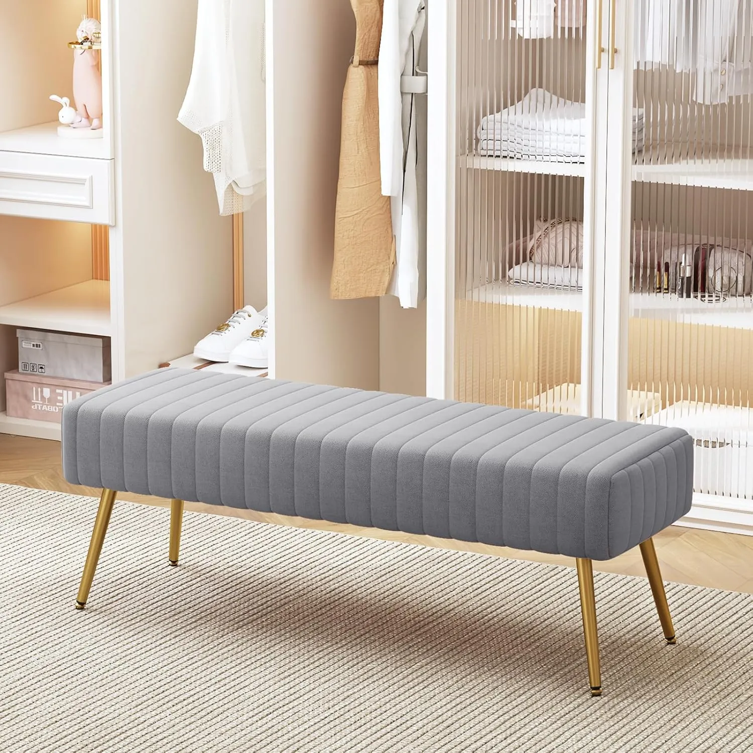 Furniliving 44 Inch Bedroom Benches, Upholstered Tufted Striped Fabric Ottoman Bench with X-Shaped Metal Legs for Living Room, Solid Wood Indoor Bench for Foyer (Grey)
