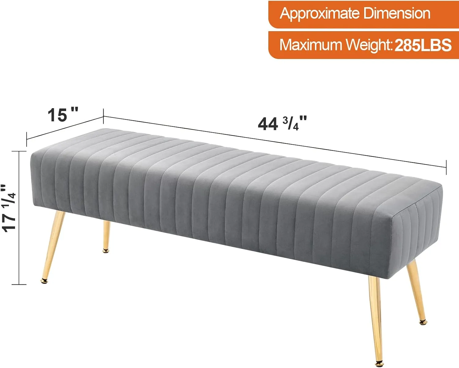 Furniliving 44 Inch Bedroom Benches, Upholstered Tufted Striped Fabric Ottoman Bench with X-Shaped Metal Legs for Living Room, Solid Wood Indoor Bench for Foyer (Grey)