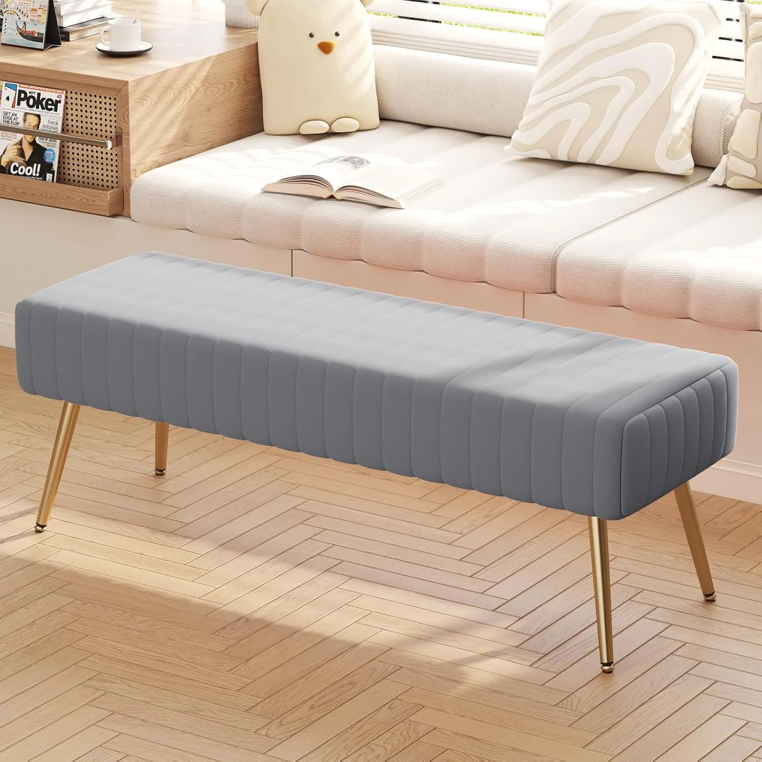 Furniliving 44 Inch Bedroom Benches, Upholstered Tufted Striped Fabric Ottoman Bench with X-Shaped Metal Legs for Living Room, Solid Wood Indoor Bench for Foyer (Grey)
