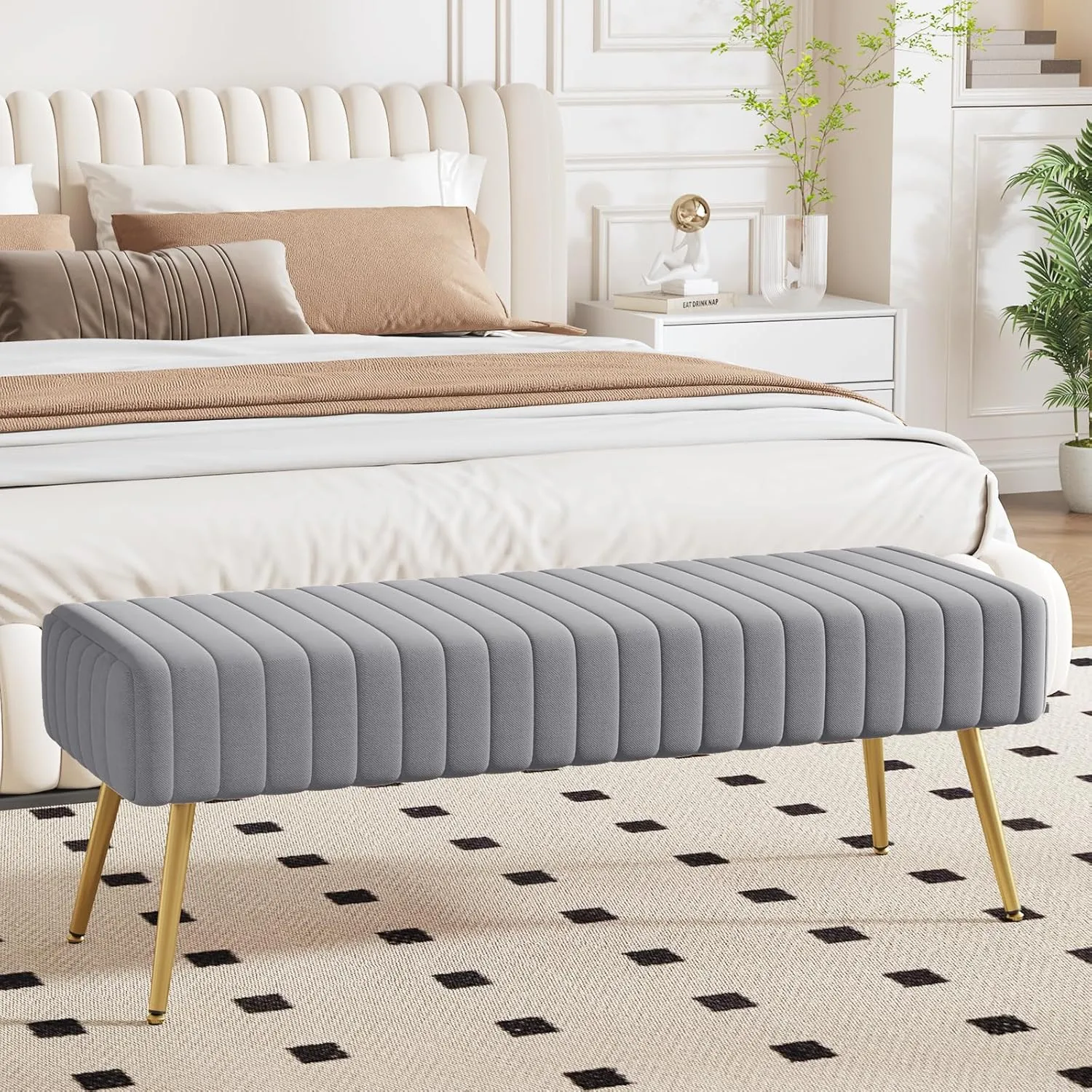 Furniliving 44 Inch Bedroom Benches, Upholstered Tufted Striped Fabric Ottoman Bench with X-Shaped Metal Legs for Living Room, Solid Wood Indoor Bench for Foyer (Grey)