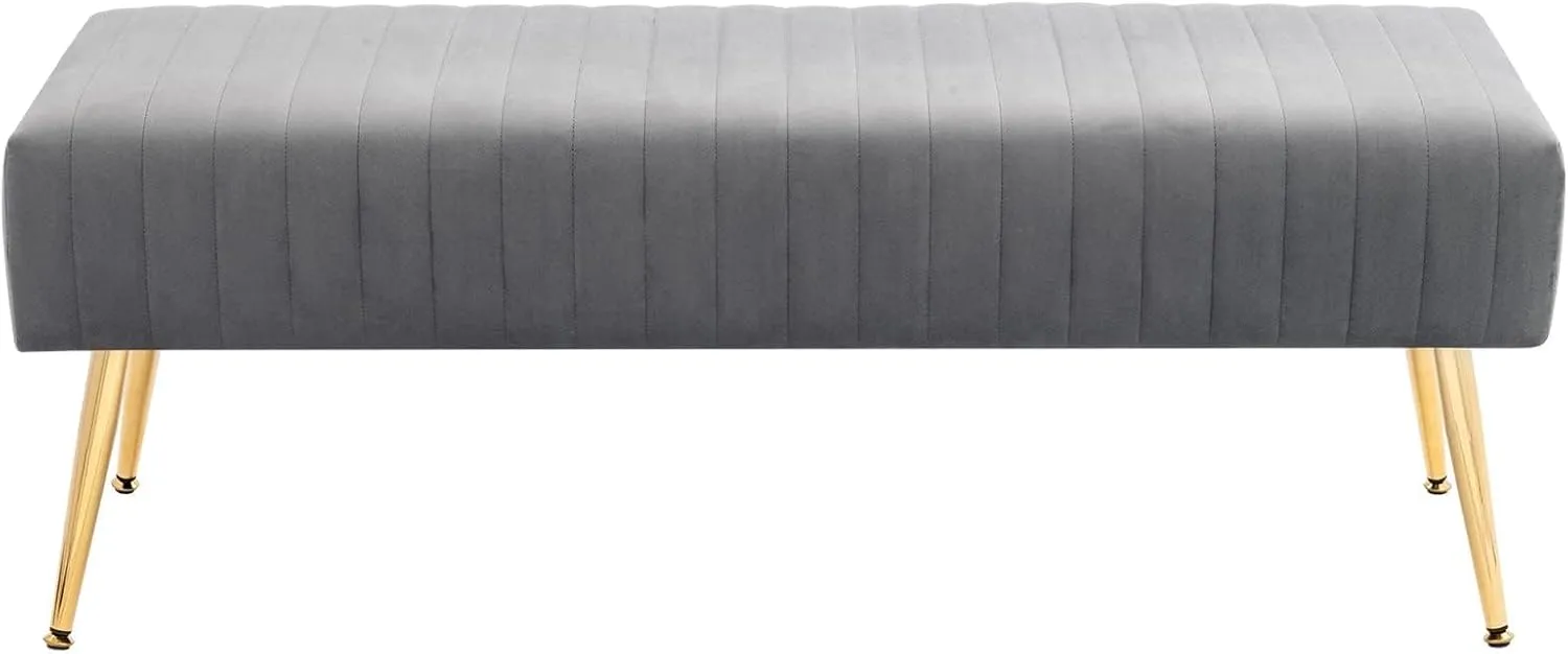 Furniliving 44 Inch Bedroom Benches, Upholstered Tufted Striped Fabric Ottoman Bench with X-Shaped Metal Legs for Living Room, Solid Wood Indoor Bench for Foyer (Grey)