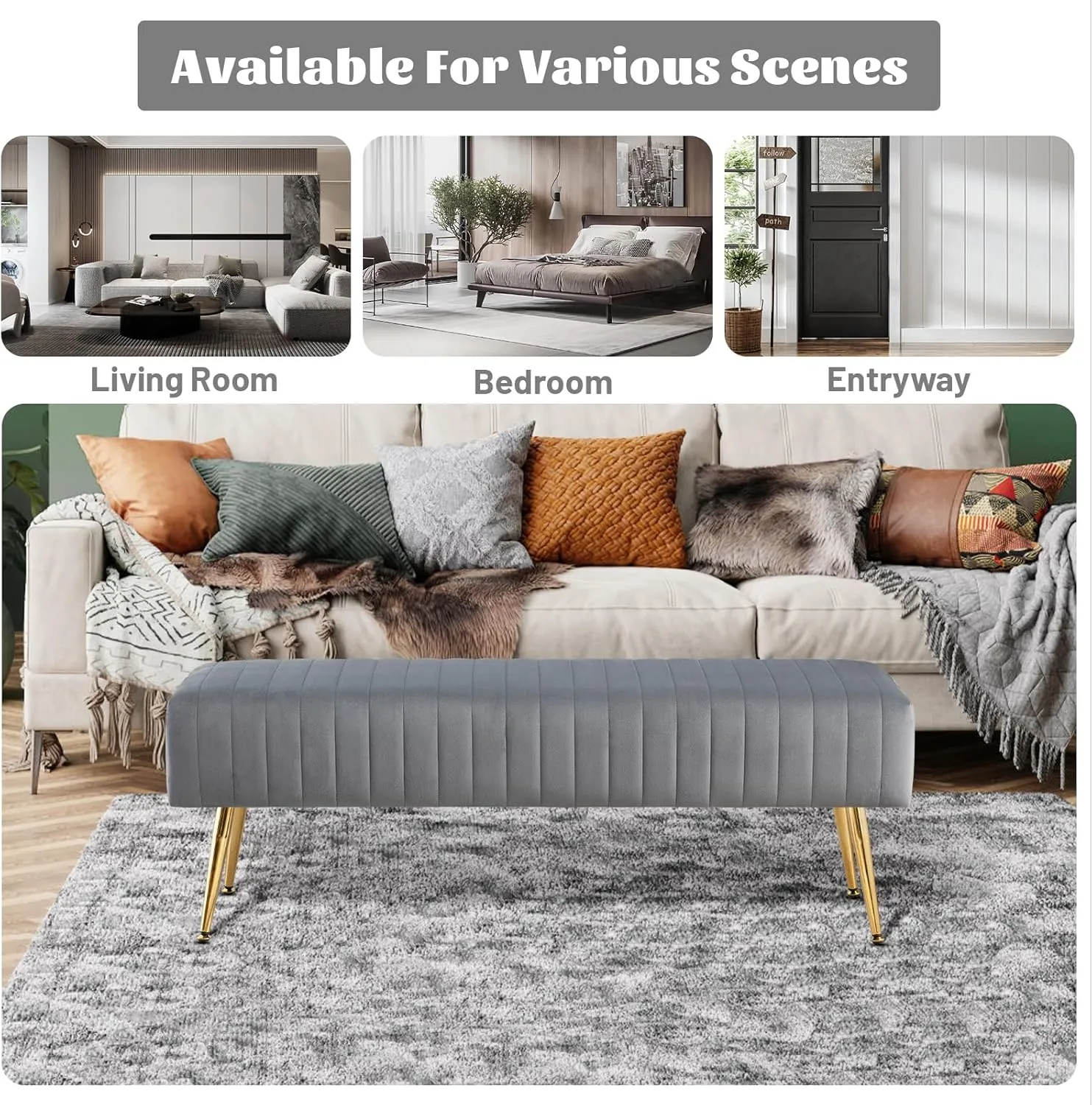 Furniliving 44 Inch Bedroom Benches, Upholstered Tufted Striped Fabric Ottoman Bench with X-Shaped Metal Legs for Living Room, Solid Wood Indoor Bench for Foyer (Grey)