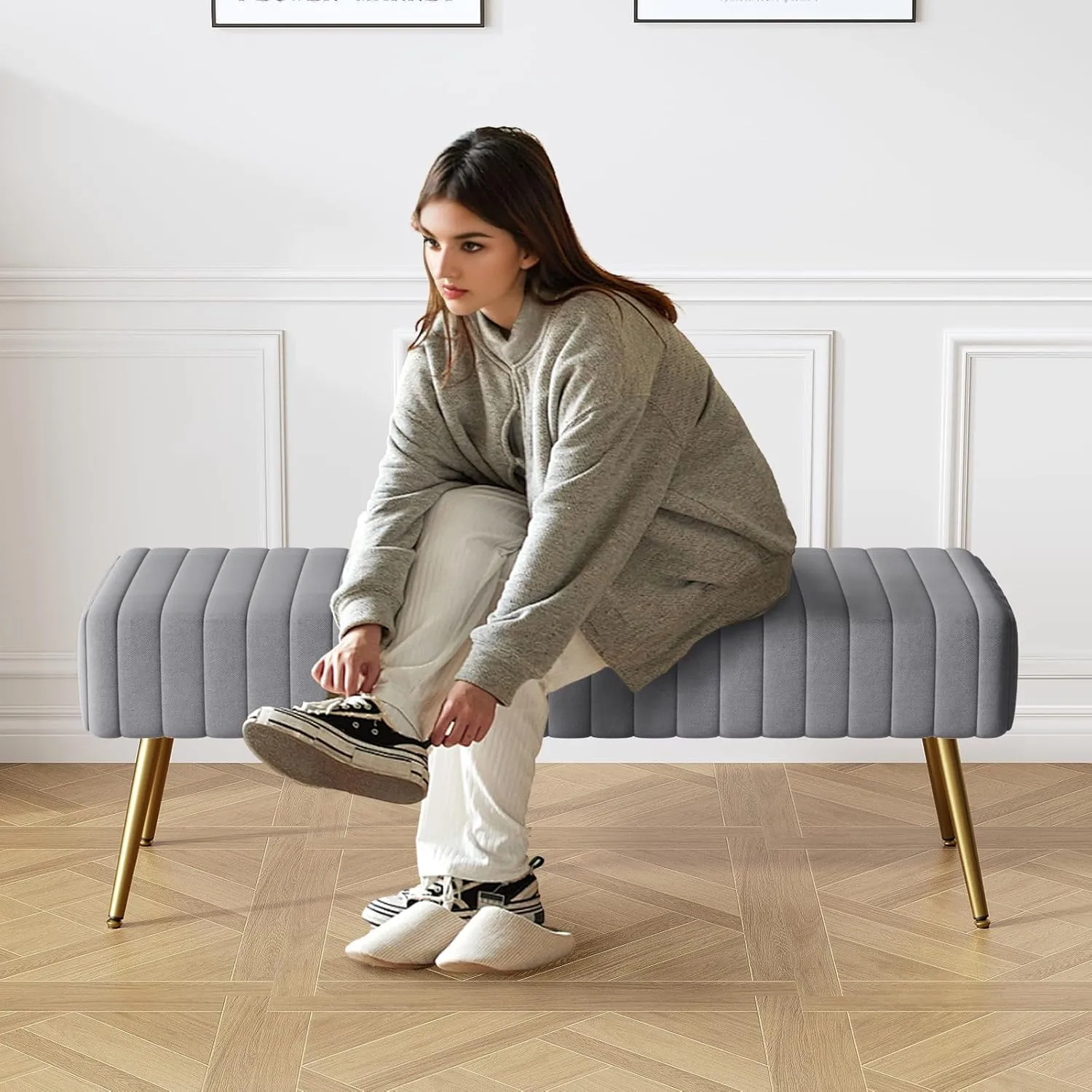 Furniliving 44 Inch Bedroom Benches, Upholstered Tufted Striped Fabric Ottoman Bench with X-Shaped Metal Legs for Living Room, Solid Wood Indoor Bench for Foyer (Grey)