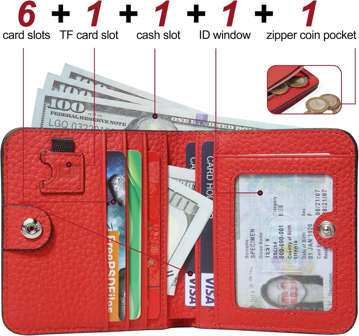 GADIEMKENSD Small Wallet Women Purses RFID Blocking Leather Bi-fold Card Holder with Zip Coin Pocket Stitch Purse for Lanyard Oyster Cards Bus Cards Protector Pouch with Card Cash Slots Red