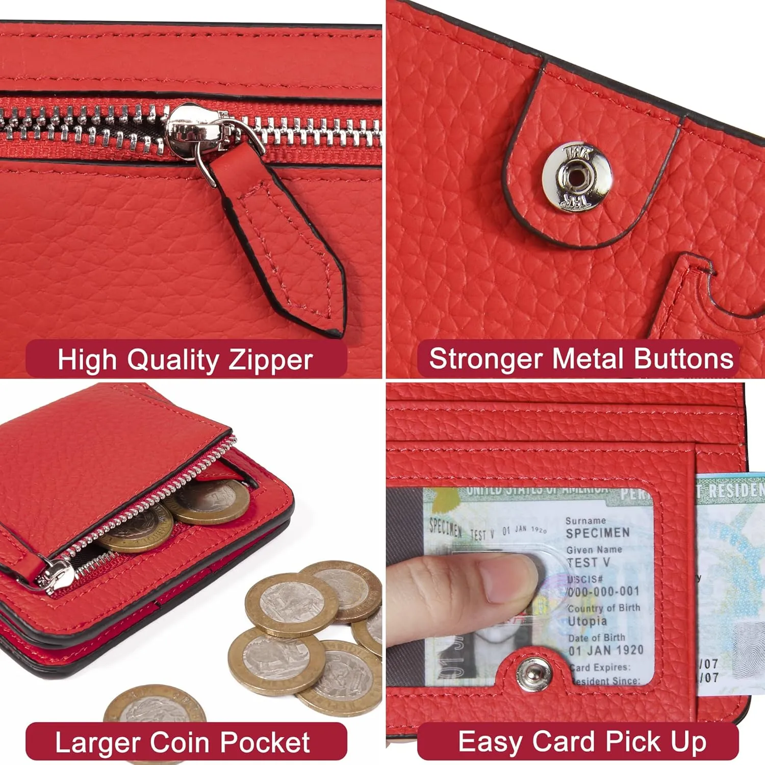 GADIEMKENSD Small Wallet Women Purses RFID Blocking Leather Bi-fold Card Holder with Zip Coin Pocket Stitch Purse for Lanyard Oyster Cards Bus Cards Protector Pouch with Card Cash Slots Red