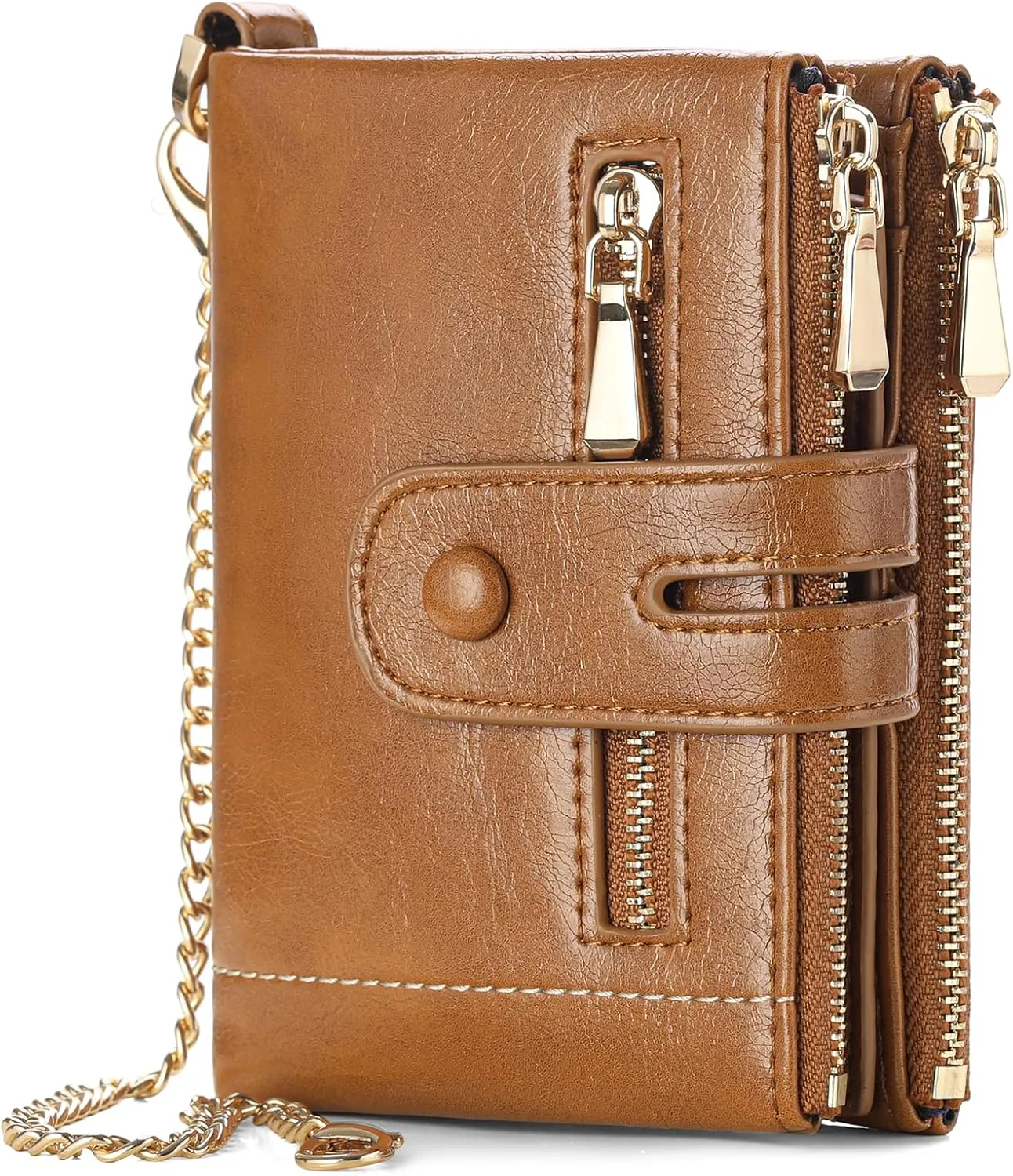 GAEKEAO Small Wallets for Women Leather RFID Blocking Bifold Double Zipper Coin Pocket Purse with Anti-Theft Chain