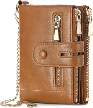 GAEKEAO Small Wallets for Women Leather RFID Blocking Bifold Double Zipper Coin Pocket Purse with Anti-Theft Chain